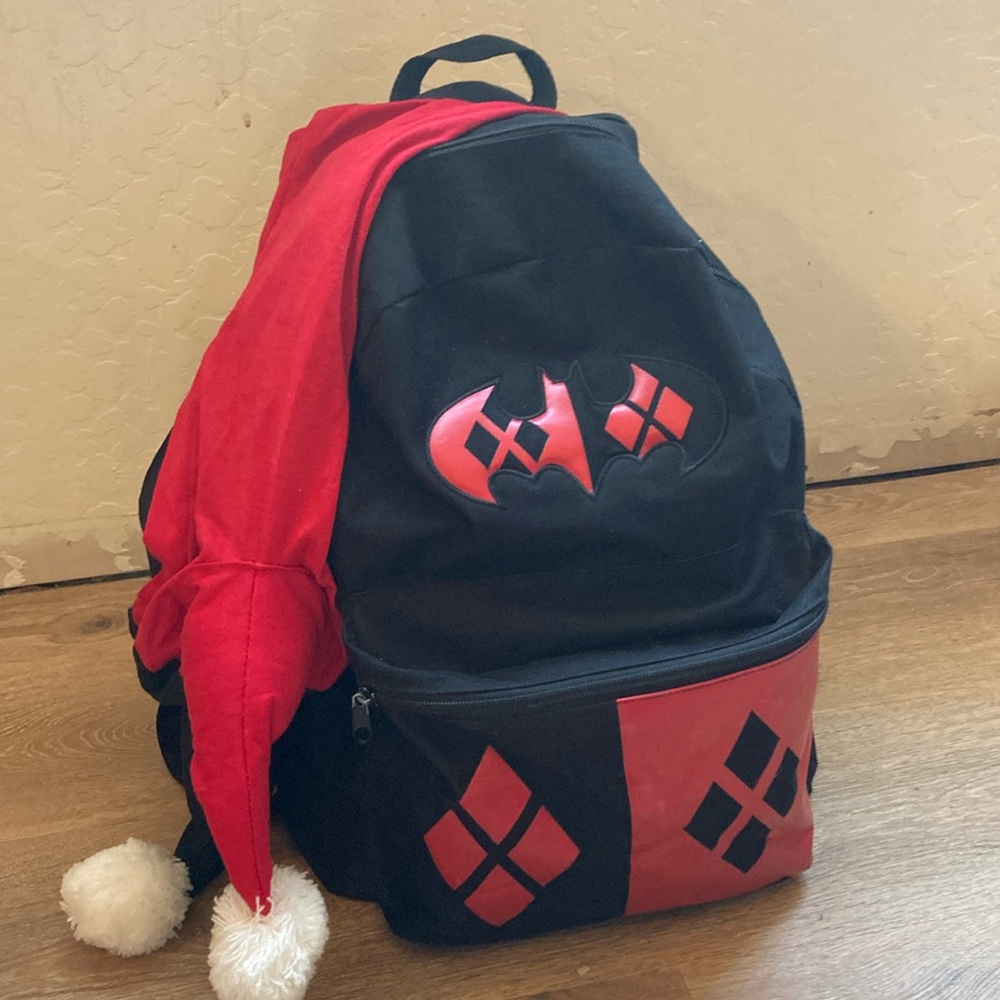Harley Quinn, suicide squad backpack with hood built in. Red and black